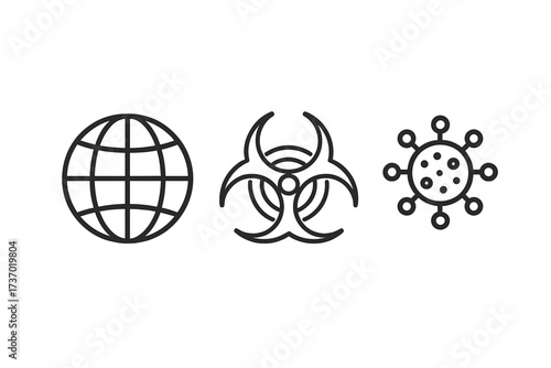 Vector thin line icon set for pandemic concepts. Earth globe, biohazard symbol, and virus cell. Global epidemic, biowarfare, coronavirus, covid19 disease outbreak concept.