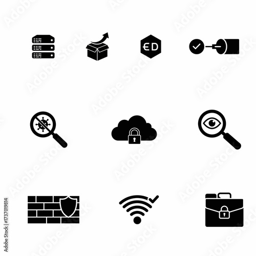 A collection of black vector icons representing IT infrastructure, data security, network protection, privacy, and software management, including server, firewall, cloud, and antivirus.