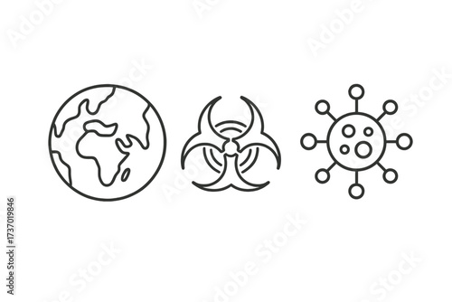 Pandemic concept icons. Global epidemic. Biowarfare symbol. Vector line illustration. World health crisis. Virus outbreak, infection, disease. Biohazard warning sign. Earth.