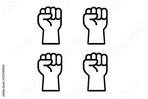 Raised fist vector icon set. Symbol of protest, revolution, power, strength, and unity. Concept for riots, change, motivation, resistance, freedom, success, and solidarity.