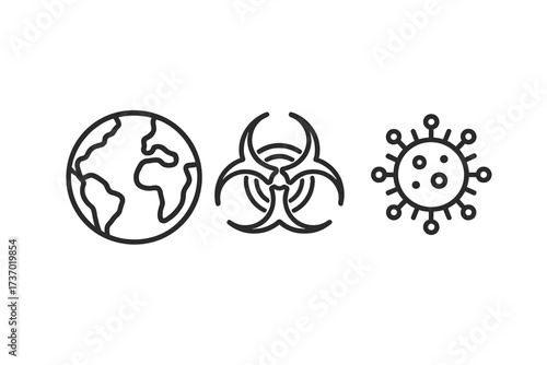 Global pandemic thin line icon set with planet earth, biohazard symbol, virus. Concept for epidemic, biowarfare, infection, coronavirus disease, biological threat alert vector.