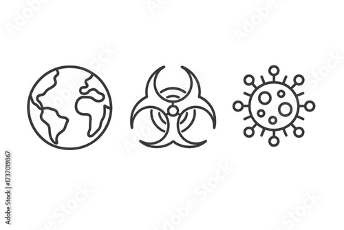 Pandemic line icon set. Globe, biohazard symbol, virus cell. Concepts of global infection, biowarfare, epidemic, outbreak, health crisis, coronavirus, covid-19, danger.