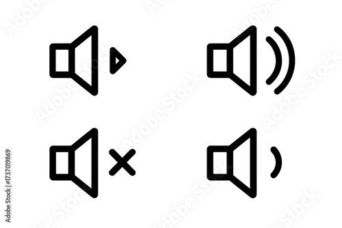 Volume control line icon set. Sound on, off, mute, and play button symbols. Simple speaker pictogram collection for audio player UI. Vector graphic for web and mobile app design.