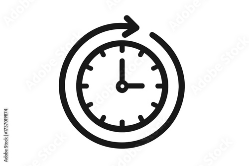 Clock icon with circular arrow for passage of time concept. Vector illustration for time management, progress, deadline, express delivery, schedule, countdown, history, 24-hour service.