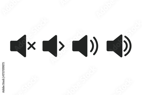 Sound volume icon set. Speaker audio vector symbols. Mute button, sound off, quiet and loud signs. Media player interface element collection for web and mobile app design.
