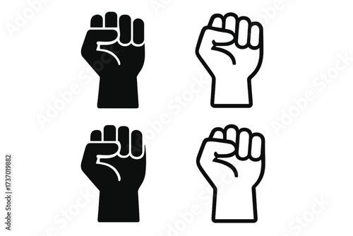Vector icon set of a closed fist. Symbol for power, solidarity, protest, revolution, riot and change. Hand gesture for success and motivation. Glyph and outline illustration.