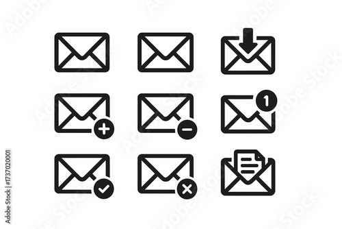 Mail icon set vector for web and mobile apps. Email message symbol collection. Includes new, send, receive, delete, notification, read, spam, and confirmation icons.