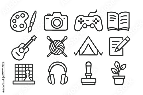 Hobby and leisure line icon set. Collection of simple outline symbols for free time activities like gaming, reading, painting, camping, photography, music and knitting. Vector.