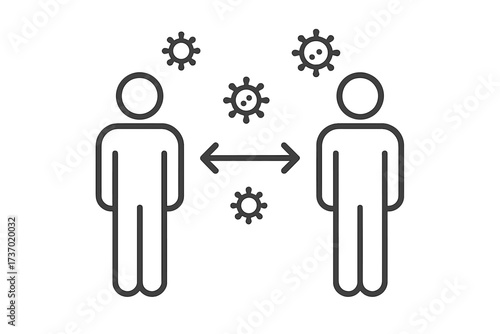 Social distancing icon vector thin line illustration of two people keeping safe distance with virus particles around for pandemic protection and coronavirus outbreak awareness
