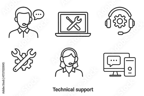 Modern technical support line art icon set with headset, tools, computer, and chat bubbles. Customer service, IT helpdesk, troubleshooting, online assistance vector illustration
