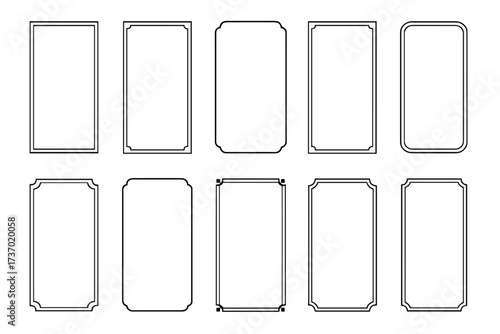 Collection of simple black retro frames. Set of vintage rectangular borders for certificates or diplomas. Classic decorative ornamental line art labels for invitations or banners.