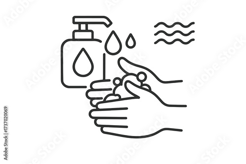 Hand washing illustration. Coronavirus prevention. Covid-19 hygiene. Vector line icon hands sanitizing with soap dispenser. Antibacterial protection. Disinfection concept.