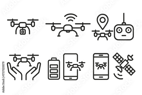 Line Art Icon Set of Drones and Remote Control Technology, Including GPS, Battery, Mobile App Control, Hands Protection, and Satellite Connectivity for Modern UAV Systems