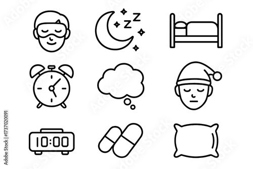 Sleep line icon collection. Symbols for rest, relaxation, insomnia, and dreams. Vector set with bed, pillow, moon, alarm clock, sleep mask, and sleeping pills for bedtime concepts.