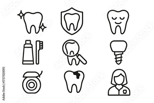 Dental care icons set with tooth cleaning, protection, cavity, implant, toothbrush, floss, and dentist symbol, black line style vector illustration on transparent background
