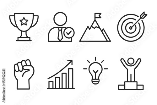 Success and achievement vector icon set with editable strokes. Line art collection of business concepts like goal setting, career growth, leadership, motivation, and victory.
