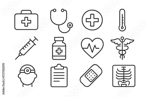 Medical and healthcare line icon set. Editable stroke vector illustration. Symbols for hospital, clinic, pharmacy. First aid, doctor, medicine, diagnosis, treatment concepts.