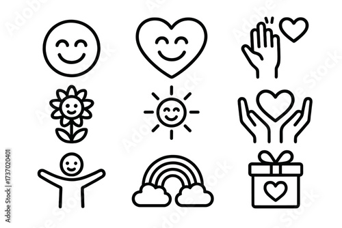 Happiness and positive emotions icon set. Line art vector graphics for mental health and well-being. Includes smile, heart, sun, flower, rainbow, gift, and care symbols.