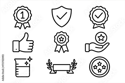 Monochrome vector icons quality concept line art set with transparent background, ordered award, checkmark, thumbs up, and excellence symbols for design