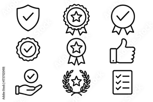 Monochrome quality assurance line art icon set, vector illustration with transparent background, ordered collection of check marks, awards, thumbs up, and laurel wreath