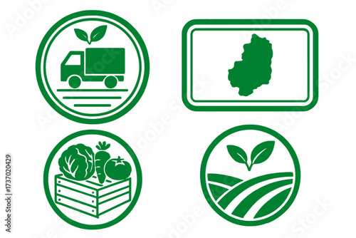 Dominica local farm food production stamp set. Grunge agriculture icons with delivery truck, vegetable crate, and farm field. Concept for organic and eco food label design.