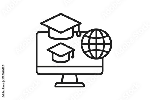 Online education and e-learning concept. Desktop computer screen with academic hat and globe. Global knowledge, distance learning, university, online course, webinar vector icon.