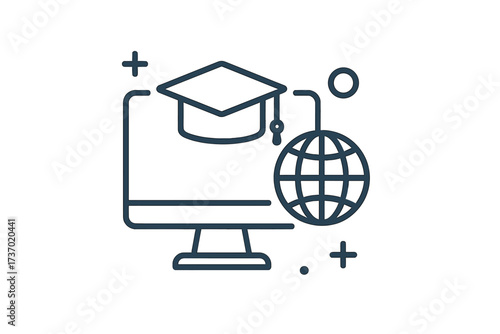 Online education thin line icon. E-learning and global knowledge concept. Computer, graduation cap, and globe for distance learning, university course, webinar, and study.