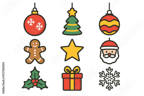 Christmas holiday vector icons set with colorful decorations and symbols including tree, gift, star, Santa, gingerbread, holly, snowflake, and baubles in flat design style