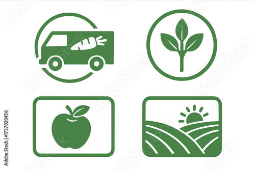 Farm fresh food delivery vector icon set. Organic local produce, agriculture and farming concept. Van with carrot, apple fruit, plant sprout, and field landscape symbols.