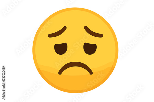 Sad emoji vector icon. Disappointed yellow face emoticon showing unhappiness or depression. Pensive smiley for bad customer reviews, negative feedback or mental health concepts.
