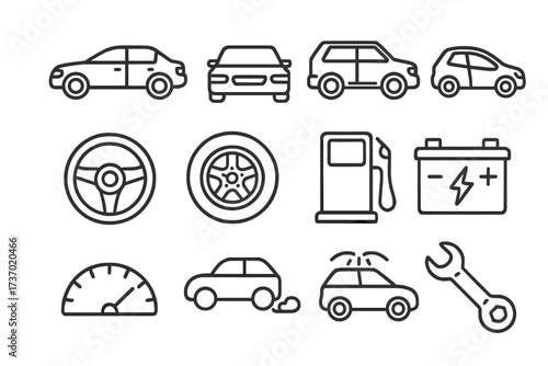 Monochrome vector line art car icon set with transparent background, includes sedan, hatchback, steering wheel, tire, fuel pump, battery, speedometer, exhaust, car wash, wrench, automotive symbols