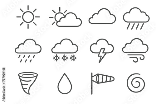 Weather line icon set. Meteorology forecast symbols collection. Sunny, cloudy, rain, snow, storm, wind, tornado. Editable stroke vector illustration for web and mobile apps.