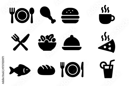 Food and drink icon set for restaurant menu, delivery app, and website. Vector glyph collection includes burger, pizza, chicken, fish, salad, coffee, and cutlery symbols.