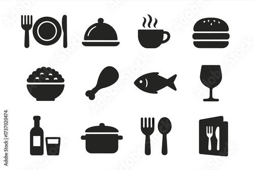 Food and drink icon set for restaurant menu. Vector glyph symbol collection. Pictogram of dinner, lunch, kitchen and cooking. Fish, chicken, burger, coffee, wine, plate.