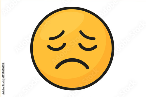 Disappointed emoji vector illustration. Sad yellow smiley face emoticon. Unhappy, depressed, or sad emotional expression icon. Negative feeling cartoon character design element.