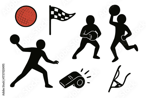 Dodgeball sport game icon set. Vector cartoon illustration with silhouette players in action. Man throwing ball. Sports equipment collection with whistle, flag. Hand-drawn elements.