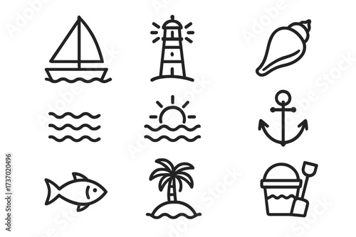 Summer beach and sea line icon set. Editable stroke vector symbols for vacation, travel and nautical themes. Sailboat, lighthouse, anchor, shell, fish, palm tree, island, sun.