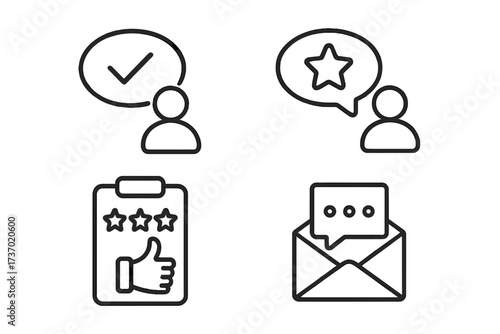 Customer review and feedback line icon set. Testimonial, rating, and survey symbols. Quality service satisfaction icons. Communication and user experience vector graphics.