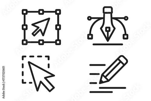 Vector editing line icon set. Graphic design tools for UI and UX design. Pen tool with anchor points, selection cursor with bounding box, pencil icon. Editable live stroke.