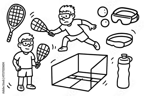 Racquetball sport doodle set. Player, racket, ball, court. Vector cartoon icons. Hand-drawn illustration. Athletic man playing game. Equipment, gear, goggles. Active lifestyle.