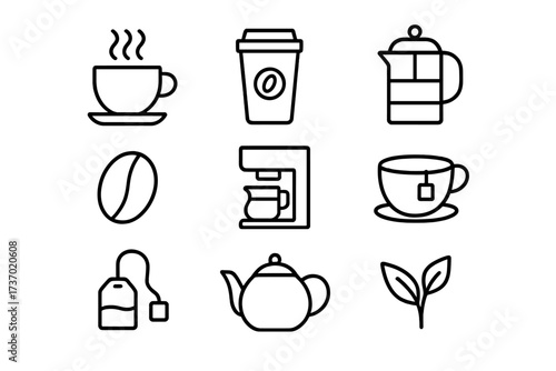 Coffee and tea line icon set. Vector symbols for cafe menu, beverage, and breakfast. Includes coffee cup, teapot, espresso machine, tea bag, and french press. Simple outline pictograms.