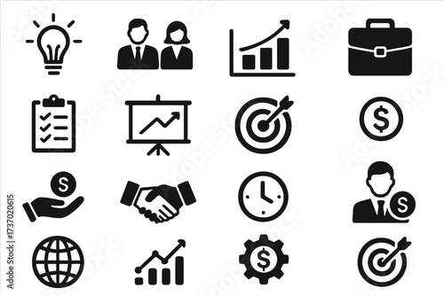 Business and Finance Icon Set Vector Illustration, Transparent Background, Includes Growth Charts, Money Symbols, Handshake, Target, Clock, People and Globe Icons for Corporate Use