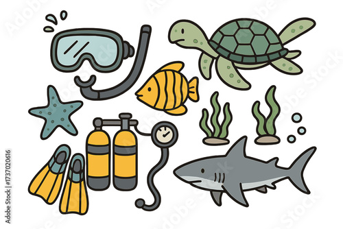 Doodle cartoon set of scuba diving gear and marine life. Underwater adventure elements with shark, turtle, fish, starfish. Vector collection for snorkeling and ocean exploration.