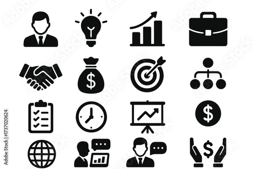Business icons set vector illustration with transparent background, including icons for leadership, ideas, growth, finance, teamwork, target, schedule, communication, and global concepts