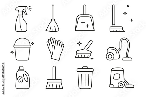 Hand-drawn Cleaning Tools and Supplies Vector Illustration Set with Transparent Background, Household Cleaning Equipment Icons Including Spray Bottle, Broom, Dustpan, Gloves, Vacuum, and Trash Bin
