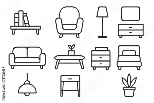 Furniture icon set. Home decor line art collection. Living room and bedroom interior design elements. Vector illustration. Sofa, chair, bed, lamp, table, plant symbols.