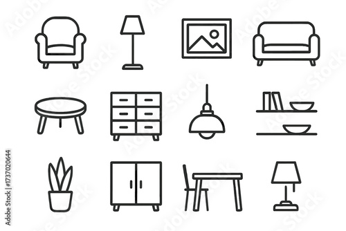 Furniture line icon set for interior design. Home decor outline symbols collection. Vector illustration of living room essentials like sofa, chair, table, lamp, and cabinet.