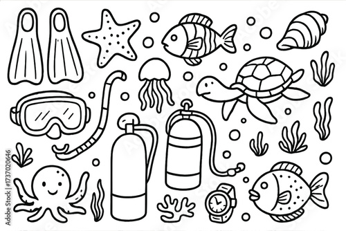 Doodle style underwater adventure set. Scuba diving equipment and marine life elements. Vector cartoon illustration of ocean animals like turtle, octopus, fish and jellyfish.