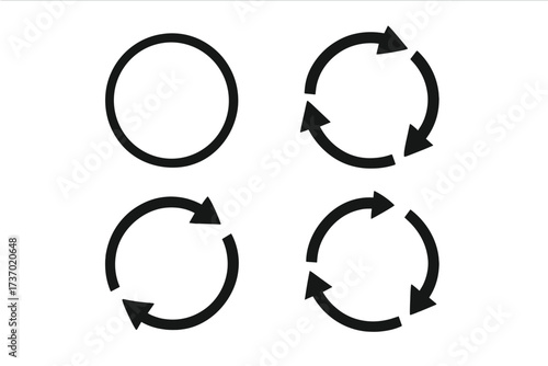 Circular arrow icon set for refresh, reload, and rotate actions. Vector illustration of cycle, loop, and process symbols. Update, sync, and repeat signs for UI and UX design.