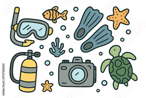 Doodle cartoon set of scuba diving gear for underwater adventure. Vector icons of mask, flippers, tank, camera, turtle, fish, starfish. Marine life and ocean hobby concept.
